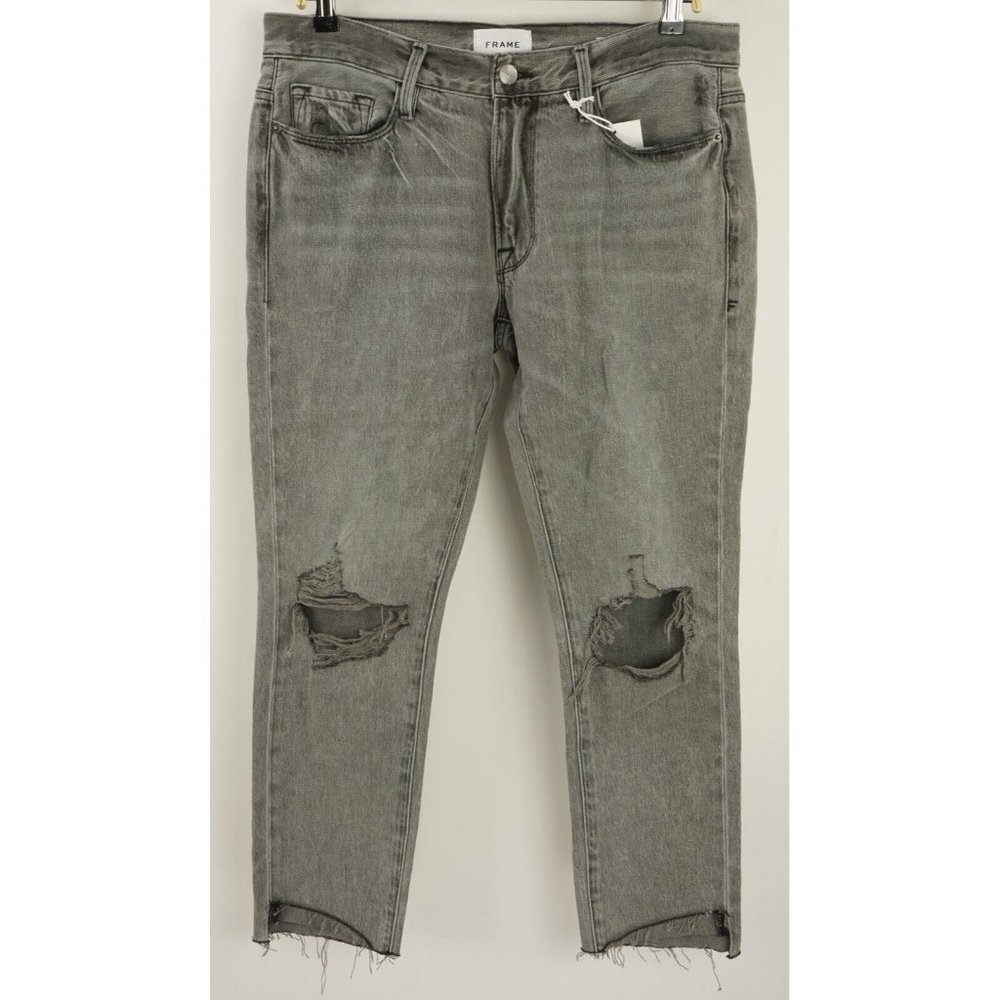 New FRAME Le Garcon High Waist Ripped Cuff Step Hem Womens 27 Gray Cropped Jeans